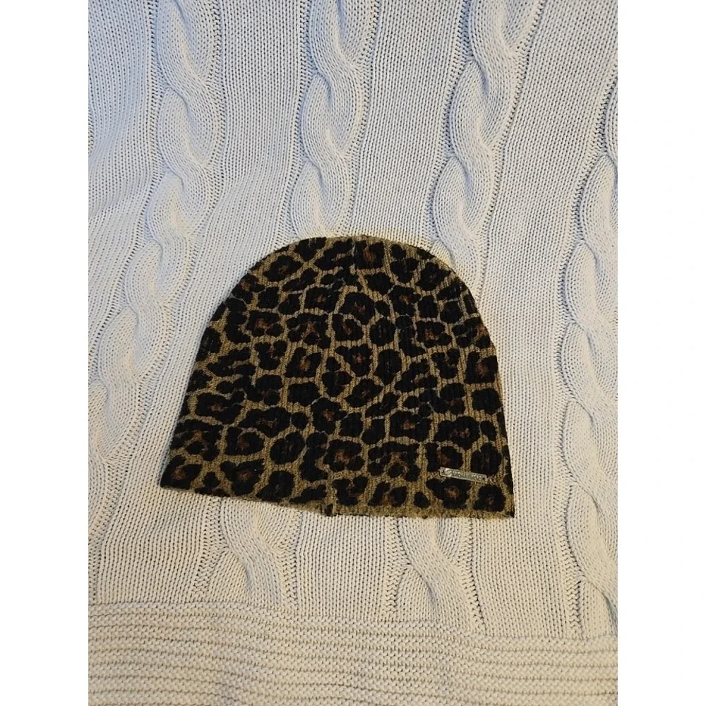 Michael Kors Leopard Print Knit Beanie‎ Hat Brown Black Acrylic Women's OSFA